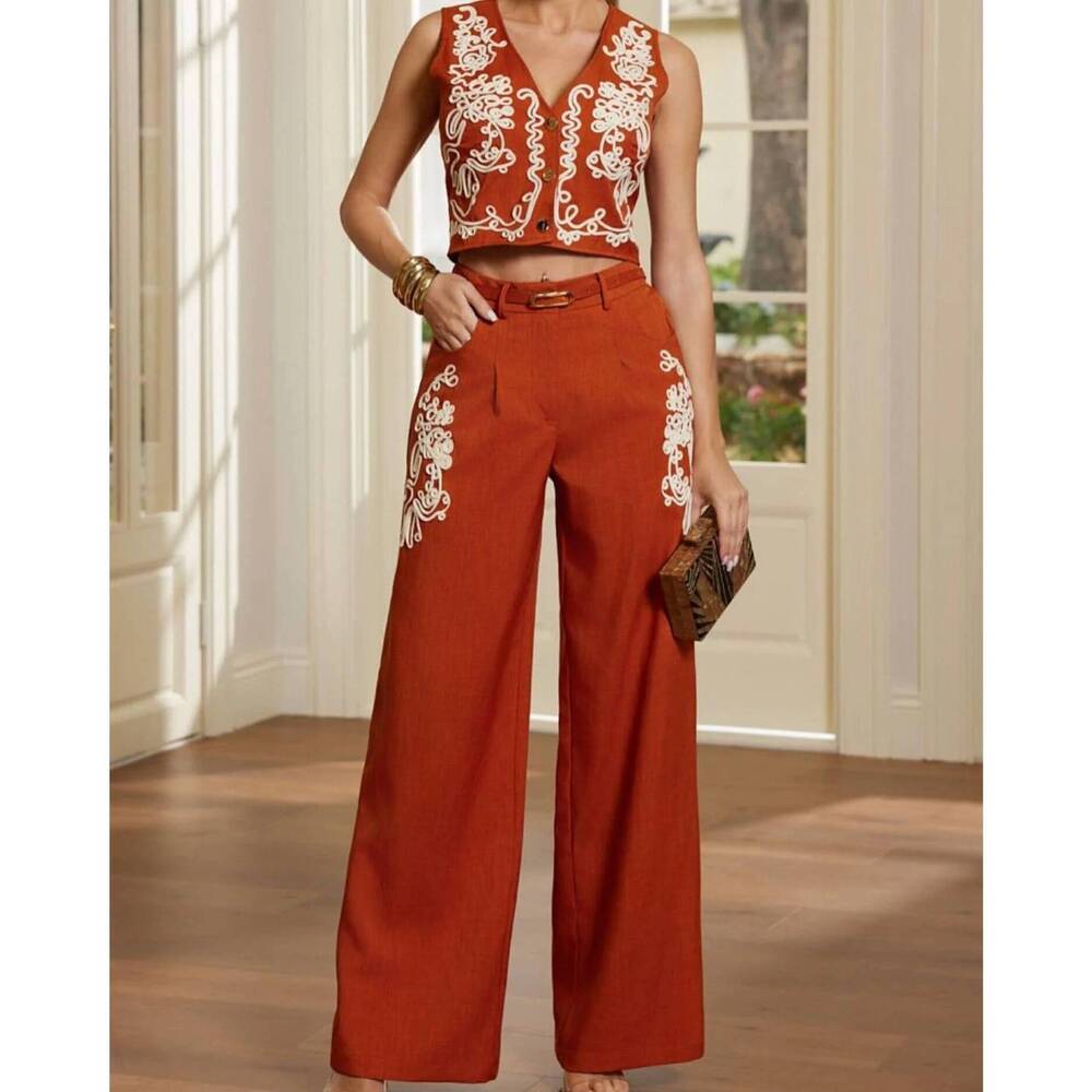 NEW CHICWAYS rocio crop top and wide leg pants set in red